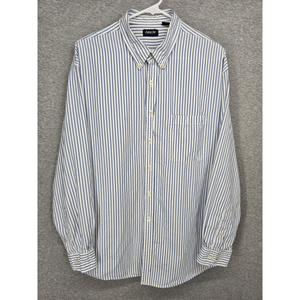 Arrow Mens XL Long Sleeve Button Up Shirt Blue White Striped 100% Cotton Flaw
